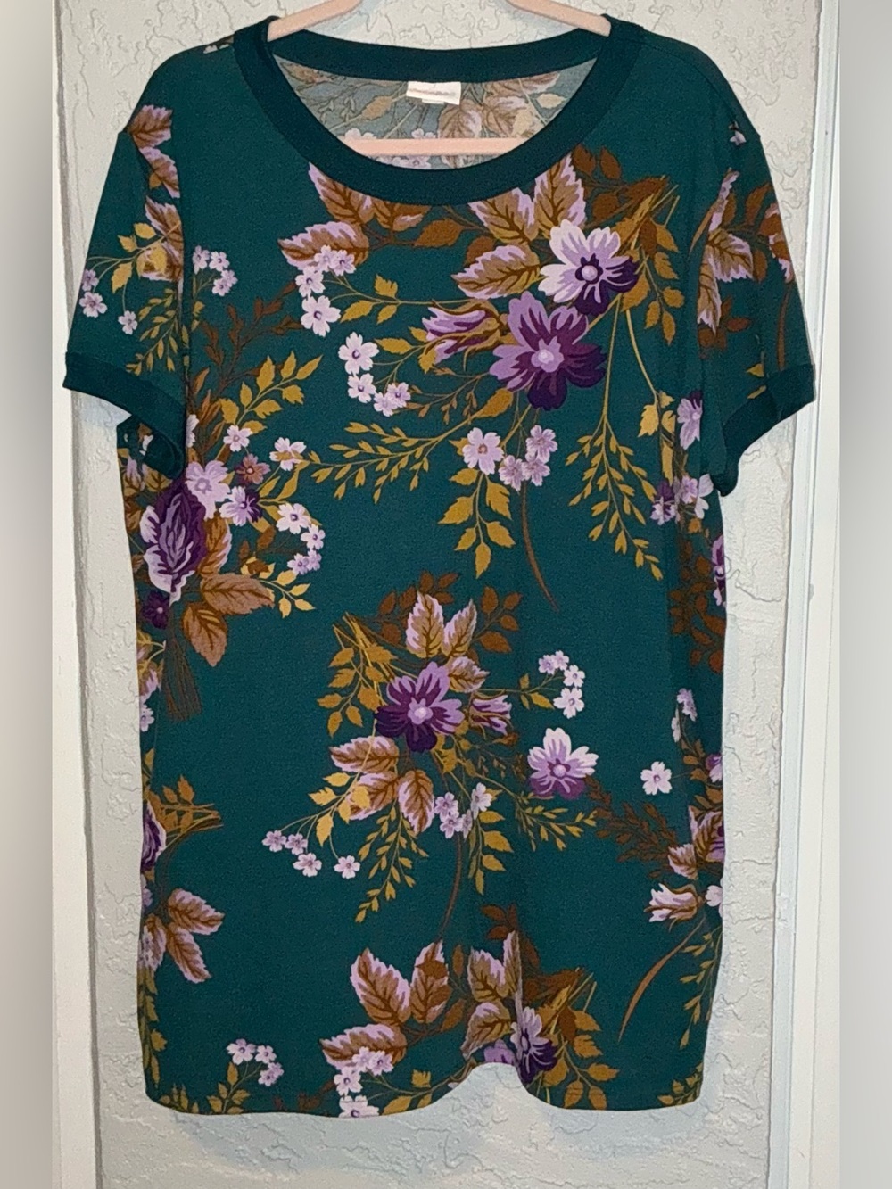 LuLaRoe Green Short-Sleeve Tee with Purple Floral Prints